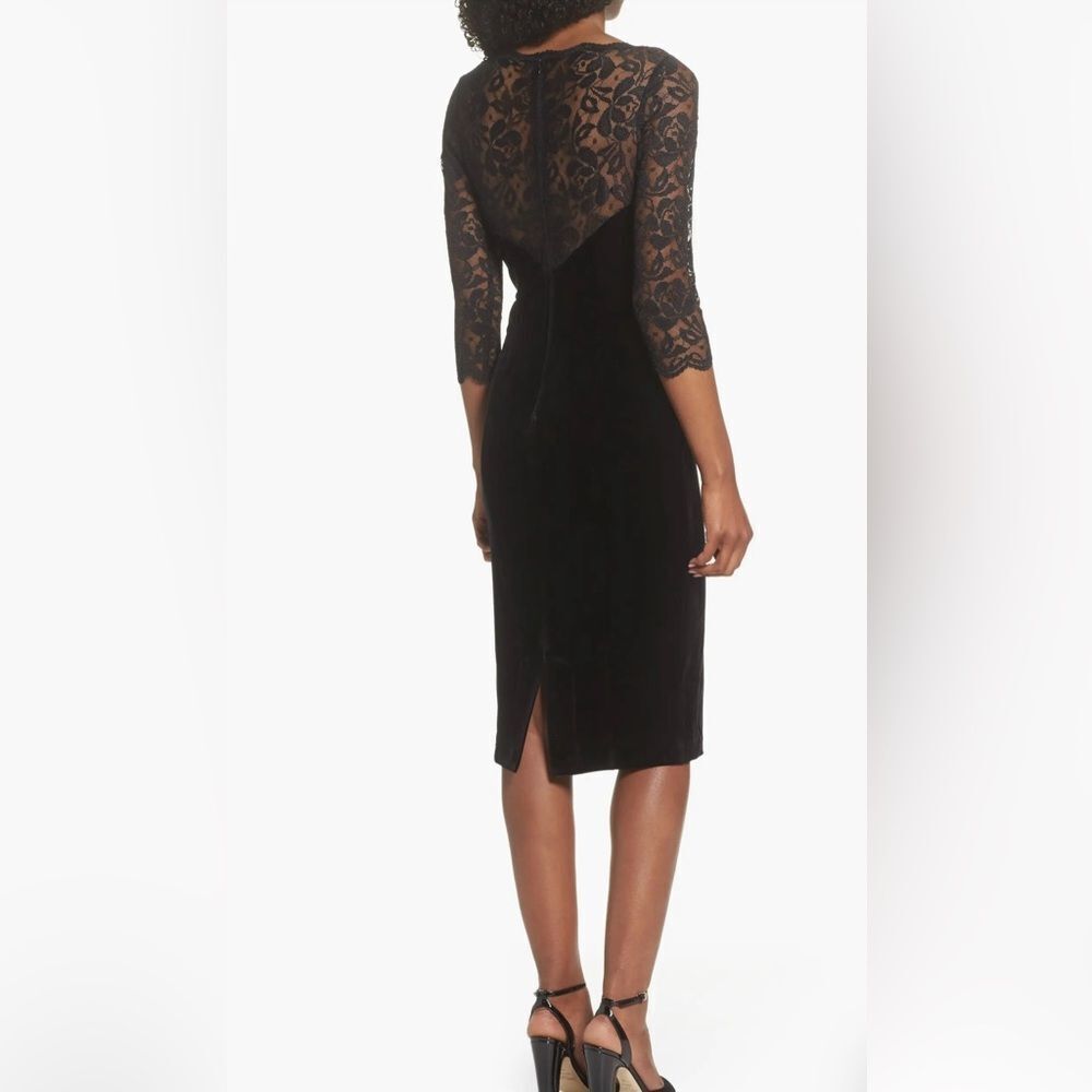 Eliza J lace & velvet sheath black midi dress 3/4 sleeves fully lined‎ sz 8 - Picture 3 of 16